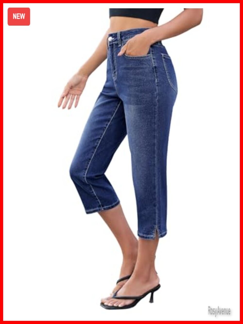 High Waisted Capri Jeans Side Slit Stretch Denim Straight Leg